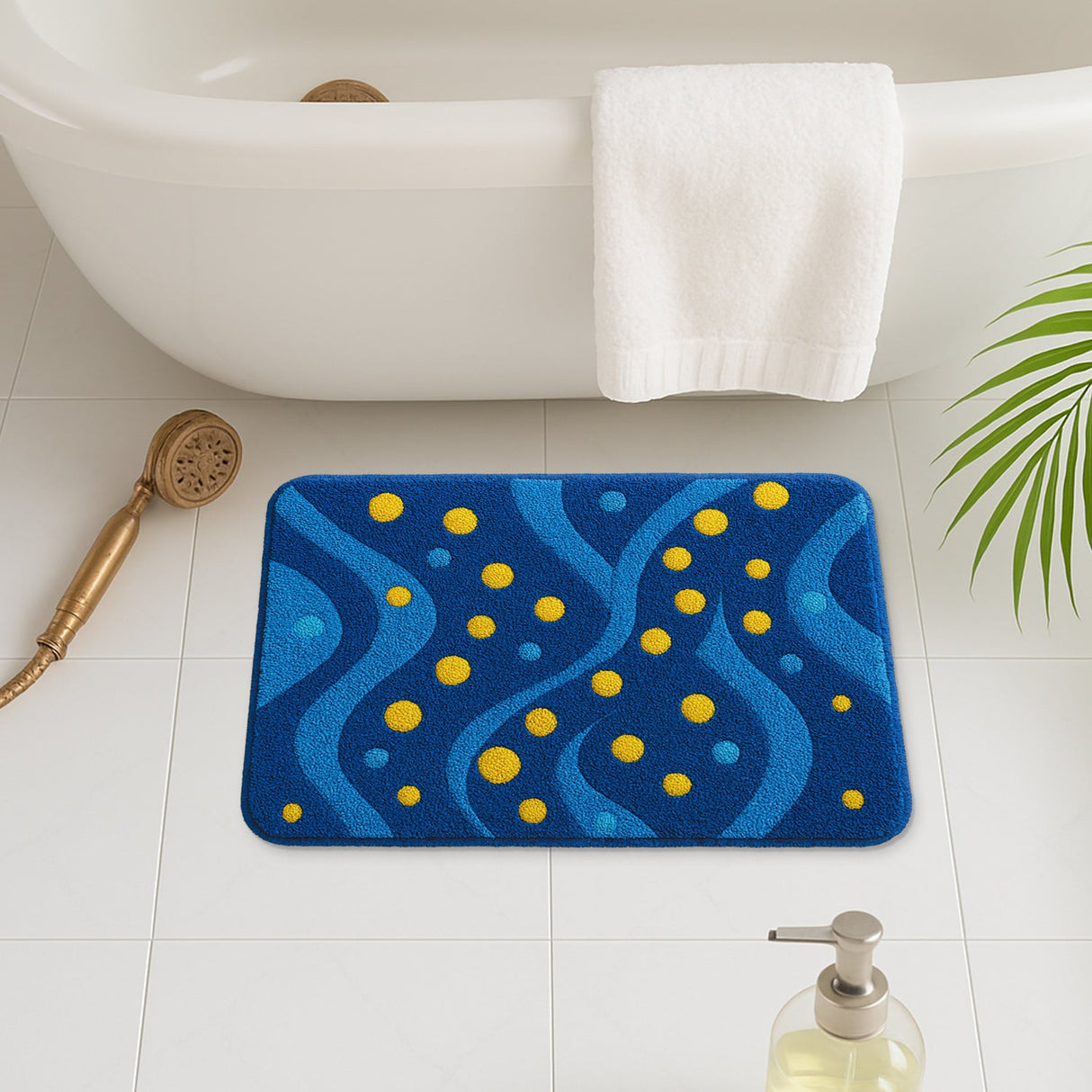 Feblilac Blue Wave & Yellow Dot Bath Mat – Modern Colorful Non-Slip Bathroom Rug